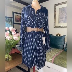 MSK Navy Polka Dot Midi Shirt Dress Plus Size 3X